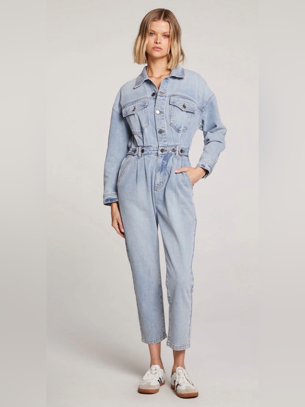 Anthro Saltwater LUXE Light Wash Denim Jumpsuit small